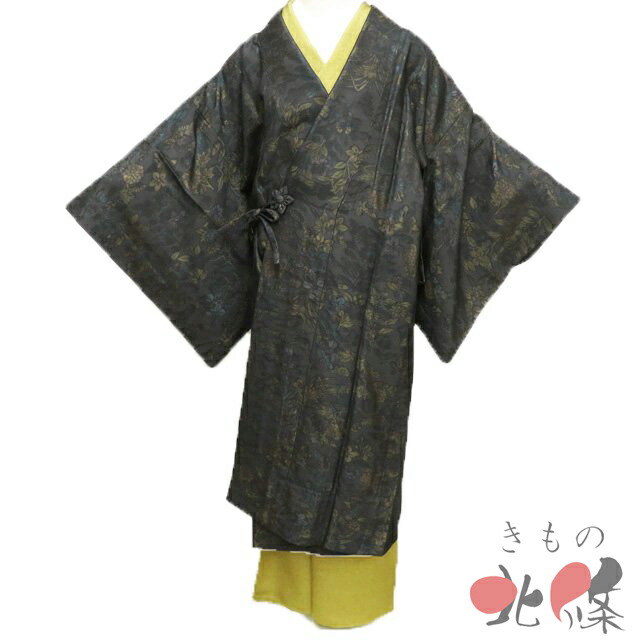 【 中古 】 コート 道中着 リサイクル着物 正絹 花模様 黒茶色 多色 身丈117.5cm 裄65cm A1313-5 [和服 サイズ 和装コート きもの kimono 防寒着 冬 送料無料 きもの北條]