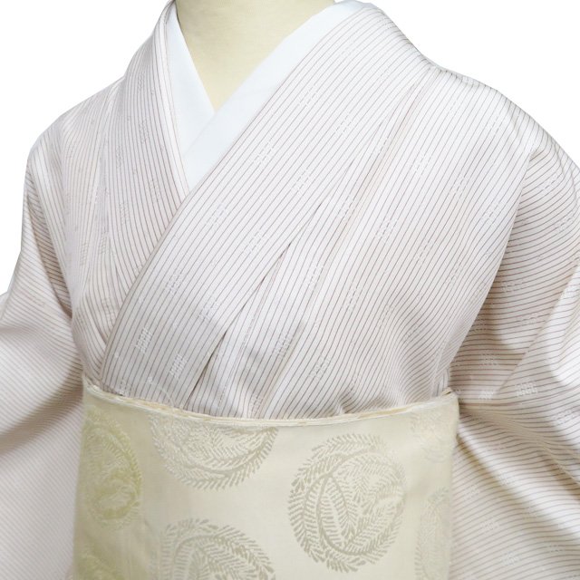 【 中古 】 紬 花織 リサイクル着物 正絹 袷 カジュアル 縦縞模様 地模様 象牙色 茶色 身丈168.5cm 裄67.5cm L トール ワイド A1328-5 [普段着 街着 観劇 お出かけ 着付け教室 趣味着 初詣 送料無料 きもの北條]