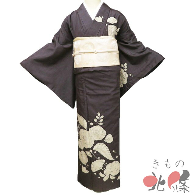 【 中古 】 特選 紬地 着物 リサイクル 正絹 袷 カジュアル 絞り染め 花の図 辻が花 焦茶色 身丈167.5cm 裄67.5cm L トール A1345-5 [初詣 お出かけ 観劇 着付け教室 趣味着 街着 普段着 送料無料 きもの北條]｜特選リサイクル着物　きもの北條