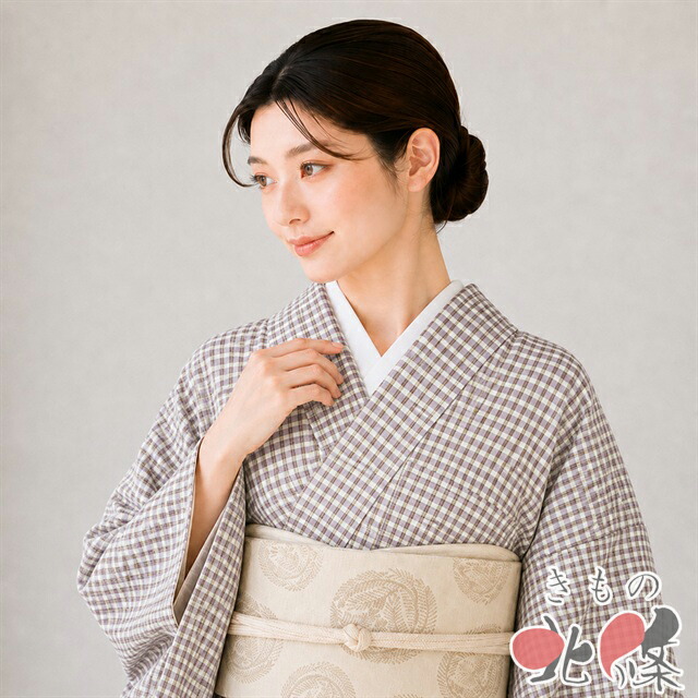 【 中古 】 紬地 リサイクル着物 正絹 袷 カジュアル 格子模様 蒸栗色 茶系色 鶯色 身丈156.5cm 裄64.5cm M A1366-5 [初詣 お出かけ 観劇 着付け教室 趣味着 街着 普段着 送料無料 きもの北條]｜特選リサイクル着物　きもの北條