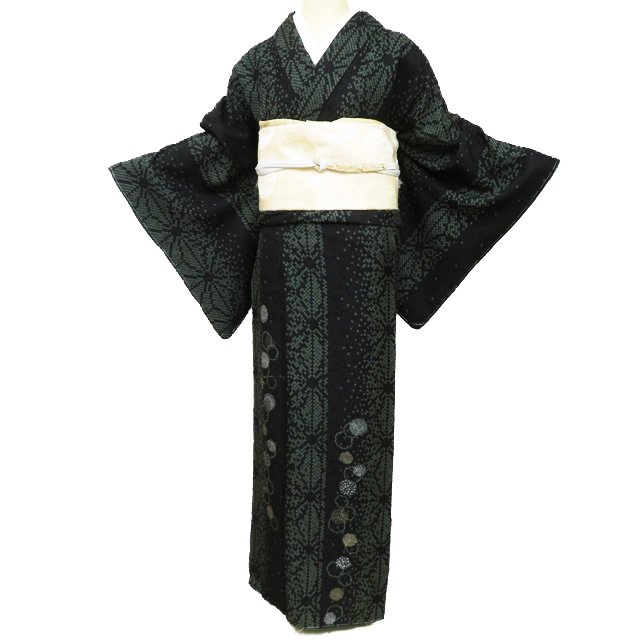 【 未使用 】 特選 訪問着 着物 正絹 袷 鹿の子模様 麻の葉模様 雪輪 黒色 老竹色 金銀 身丈167cm 裄68cm L トール ワイド A1125-6 [和服 入学式 卒業式 お茶会 お茶席 茶道 結婚式 お宮参り 送料無料 きもの北條]｜特選リサイクル着物　きもの北條