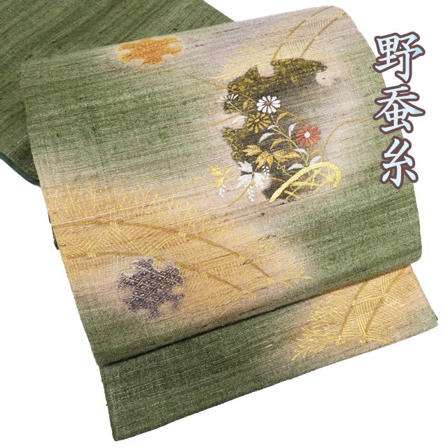 【 中古 】 特選 袋帯 正絹 カジュアル 仕立て上がり 三通 野蚕糸 雪輪に植物文様 菊 秋草 反端付き 青丹色 多色 金 A981-6 [ 和服 お茶会 お茶席 茶道 リサイクル着物 帯 kimono 通販 購入 送料無料 きもの北條]
