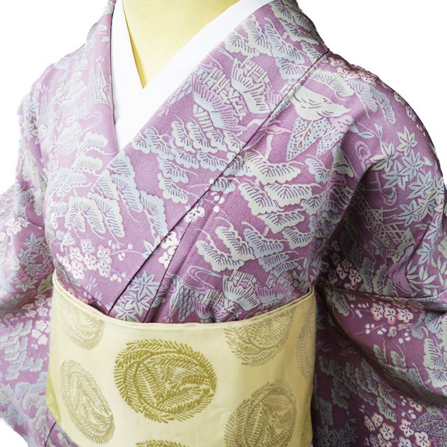 【 中古 】 小紋 リサイクル着物 正絹 単衣 カジュアル 風景 茶屋辻文様 紅藤色 多色 身丈158cm 裄68cm M A987-6 [ 和服 きもの 普段着 kimono アウトレット 送料無料 きもの北條]｜特選リサイクル着物　きもの北條