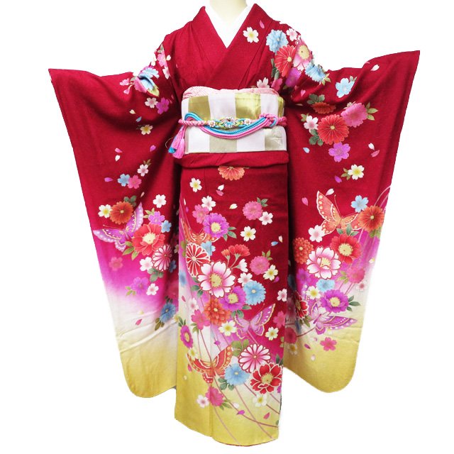 【 中古 】 振袖 リサイクル着物 正絹 成人式 結婚式 結納 花模様 桜 菊 蝶 銀通し 赤色 多色 金 身丈161cm 裄71cm M A1129-6 [和服 振袖 レンタルアップ アウトレット セール 販売 バーゲン 送料無料 きもの北條]｜特選リサイクル着物　きもの北條