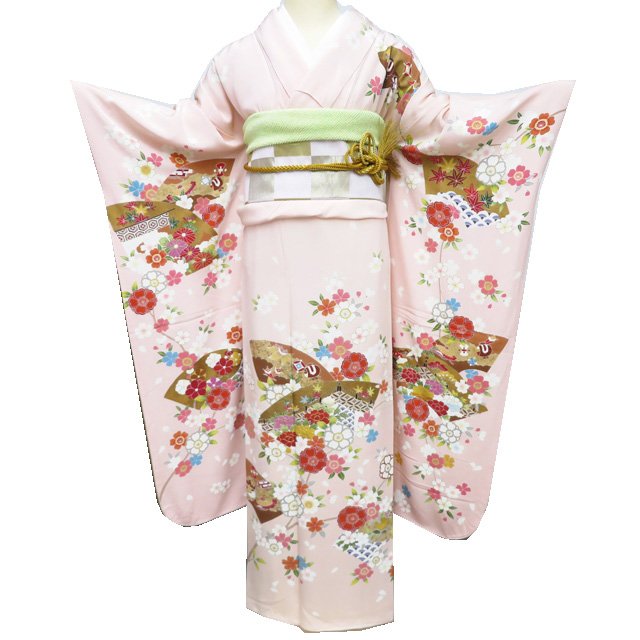 【 中古 】 振袖 リサイクル着物 正絹 金駒刺繍 花模様 桜 牡丹 地紙 宝物 縮緬地 乙女色 多色 金 身丈174cm 裄68cm L トール A1184-6 [和服 振袖 レンタルアップ アウトレット セール 販売 バーゲン 送料無料 きもの北條]