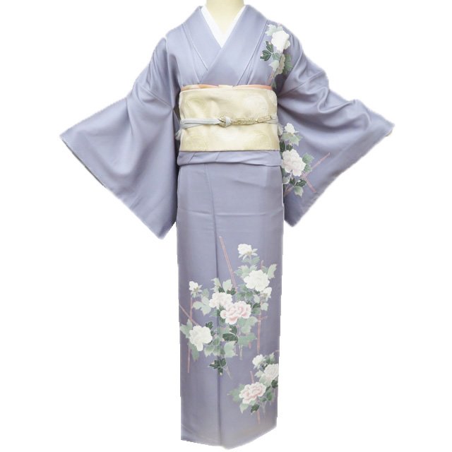 【 中古 】 訪問着 リサイクル着物 正絹 袷 フォーマル 花の図 牡丹鼠色 多色 身丈165cm 裄65.5cm L トール A1240-6 [入学式 卒業式 お宮参り 結婚式 お茶会 お茶席 茶道 利休忌 和服 送料無料 きもの北條]｜特選リサイクル着物　きもの北條