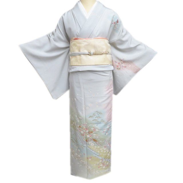 【 中古 】 訪問着 リサイクル着物 正絹 袷 フォーマル 金駒刺繍 花の図 片輪車 暈し 白鼠色 多色 金 身丈163cm 裄65.5cm L A1270-6 [入学式 卒業式 お宮参り 結婚式 母 刺繍 和服 送料無料 きもの北條]｜特選リサイクル着物　きもの北條