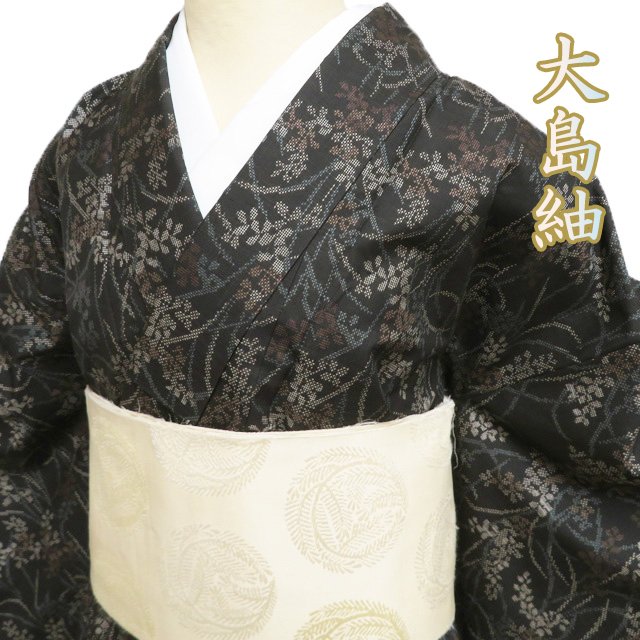 【 中古 】 大島紬 リサイクル着物 正絹 袷 カジュアル 花模様 黒茶色 多色 身丈160cm 裄66cm M A1282-6 [初詣 お出かけ 観劇 着付け教室 趣味着 街着 普段着 送料無料 きもの北條]