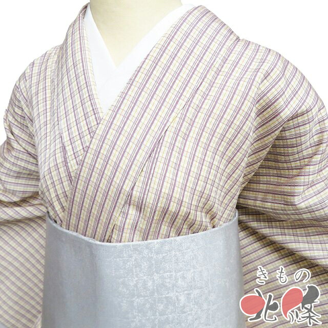 【 中古 】 小紋 リサイクル着物 正絹 単衣 カジュアル 格子模様 鳥の子色 古代紫色 黄色 身丈159cm 裄68.5cm Ｍ A1337-6 [和服 観劇 お食事 普段使い 街着 茶席 きもの kimono 送料無料 きもの北條]