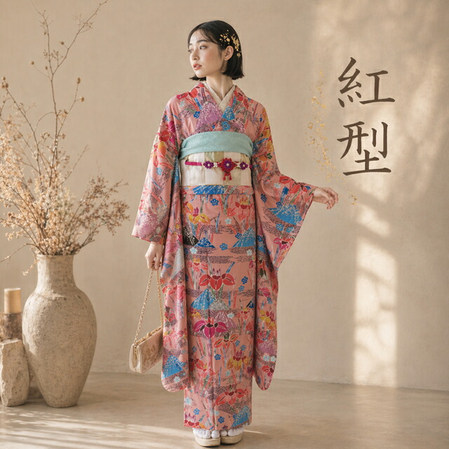 【 中古 】 特選 振袖 リサイクル着物 成人式 結婚式 正絹 アンティーク 縮緬地 紅型 山に花の図 退紅色 多色 身丈163cm 裄64cm L A1360-6 [和服 振袖 レンタルアップ アウトレット セール 販売 バーゲン 送料無料 きもの北條]｜特選リサイクル着物　きもの北條