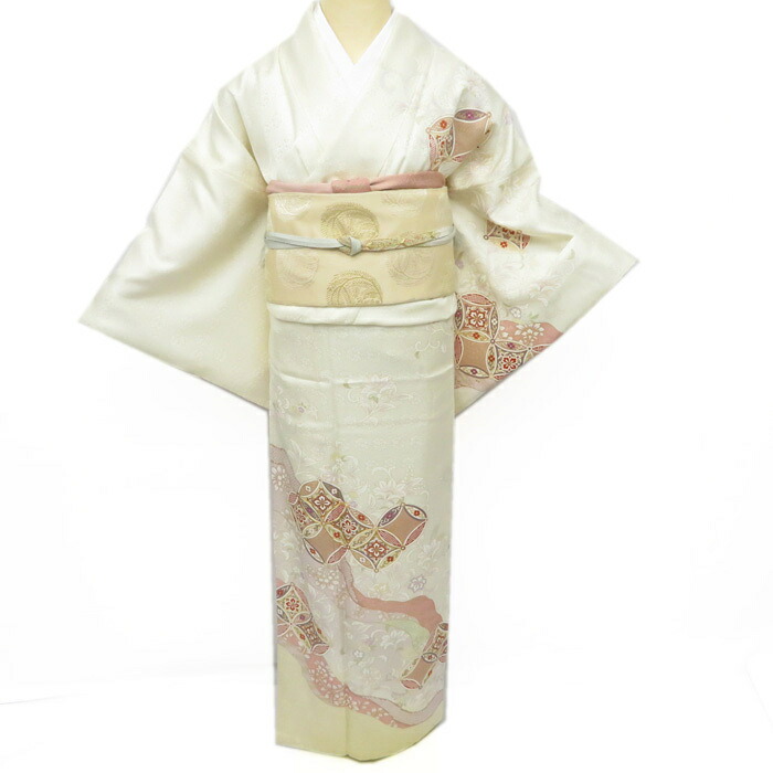 【 新品 】 訪問着 未使用 着物 花の図 七宝文 金駒刺繍 地模様 乳白色 胡粉色 トール 丈167cm 裄68cm Lサイズ 洗練された装いに A696-7 [ 正絹 袷 アウトレット 訪問着 着物 中古 秋春冬 送料無料 きもの北條] 52,140円