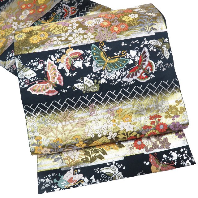 【 中古 】 袋帯 リサイクル 正絹 フォーマル 仕立て上がり 六通 胡蝶秋草段文 箔糸 黒色 多色 金銀 A971-7 [ 和服 お茶会 お茶席 茶道 着物 帯 kimono 通販 購入 送料無料 きもの北條]｜特選リサイクル着物　きもの北條