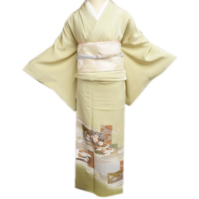 【 中古 】 色留袖 リサイクル着物 正絹 袷 紋付 一つ紋 金駒刺繍 花の図 流水 波 枯草色 多色 金 身丈160cm 裄65.5cm M A1290-7 [和服 結婚式 披露宴 親族衣装 式典 きもの kimono 送料無料 きもの北條]