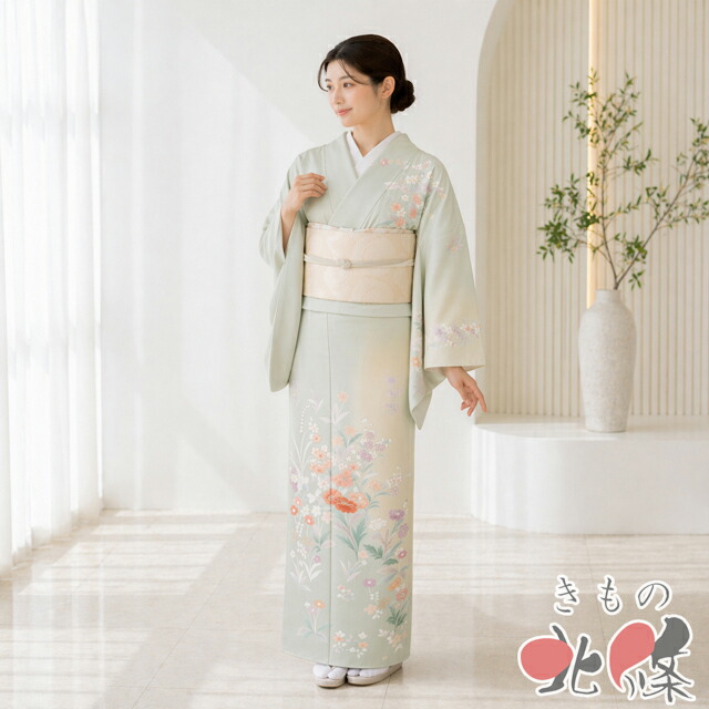 【 中古 】 訪問着 リサイクル着物 正絹 袷 フォーマル 金駒刺繍 花の図 浅黄色 裏葉柳色 多色 金 身丈155cm 裄63.5cm S A1353-7 [入学式 卒業式 お宮参り 結婚式 母 刺繍 和服 送料無料 きもの北條]｜特選リサイクル着物　きもの北條