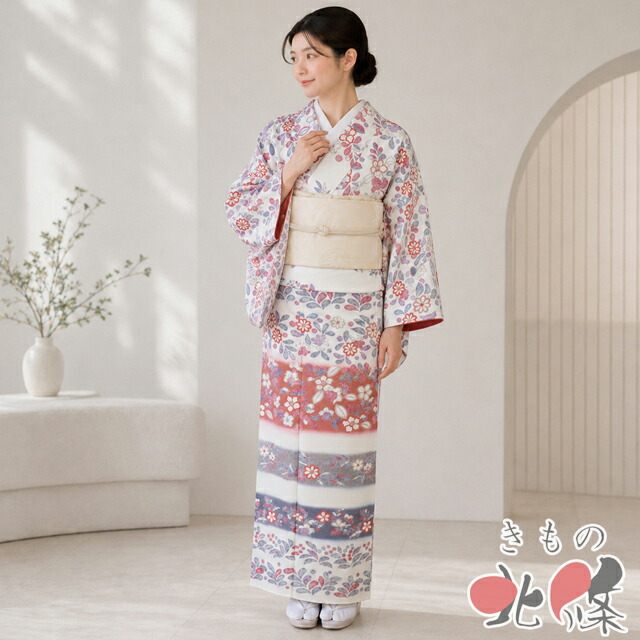 【 未使用 】 付下げ 付け下げ 訪問着 着物 正絹 袷 花模様 割付文様 灰白色 多色 金 身丈162cm 裄68cm M A1377-7 [和服 入学式 卒業式 お茶会 お茶席 茶道 お宮参り 利休忌 送料無料 きもの北條]｜特選リサイクル着物　きもの北條