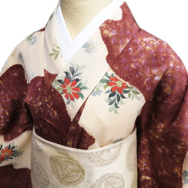 ＼ FINAL PRICE ／ 【 中古 】 訪問着 リサイクル着物 正絹 袷 フォーマル 絞り染め 植物文様 花 薄香色 茶色 多色 身丈156cm 裄65cm M きもの北條 A904-8 [ 和服 入学式 卒業式 お茶会 お宮参り アウトレット 送料無料 きもの北條]｜特選リサイクル着物　きもの北條