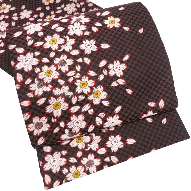 【 中古 】 袋帯 リサイクル 正絹 カジュアル 全通 市松模様 桜模様 焦茶色 黒色 薄紅色 多色 A1144-8 [観劇 コンサート お茶会 パーティー 普段使い お食事 kimono 送料無料]