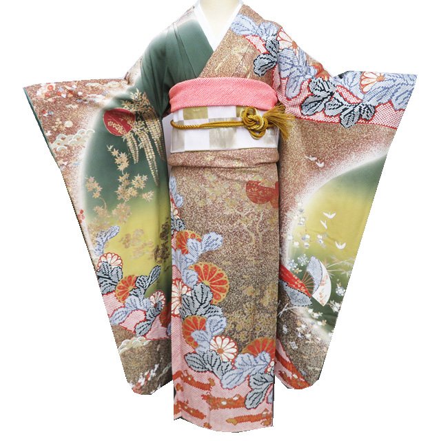 【 中古 】 振袖 リサイクル着物 正絹 鶴 扇子に花模様 菊 鹿の子絞り 金通し 柳煤竹色 多色 金 身丈157.5cm 裄65cm M A1184-8 [和服 振袖 レンタルアップ アウトレット セール 販売 バーゲン 送料無料 きもの北條]
