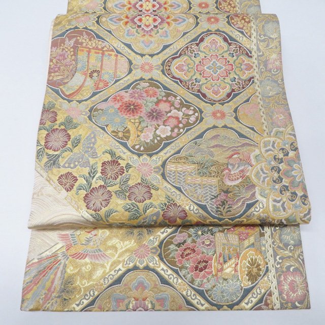 【 未使用 】 袋帯 正絹 フォーマル 六通 本金箔 宝寿 花鳥模様 波文 箔糸 A1250-8 [結婚式 お宮参り 七五三 式典 お茶会 お茶席 茶道 利休忌 送料無料 きもの北條]