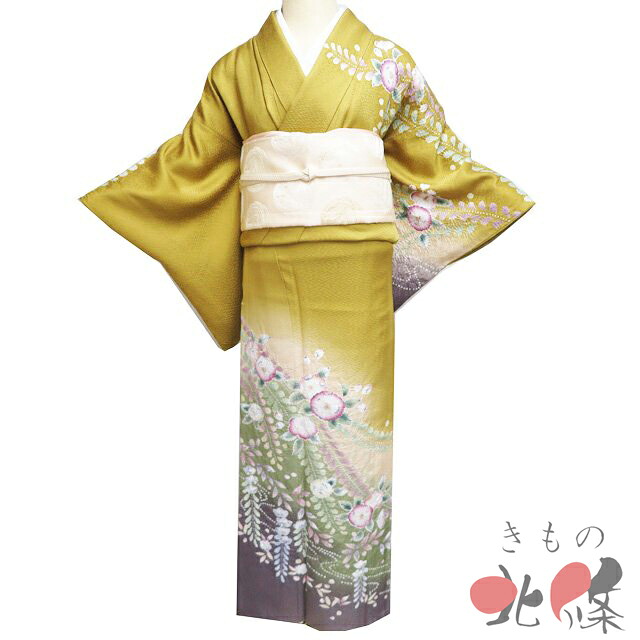 【 中古 】 訪問着 リサイクル着物 正絹 袷 フォーマル 作家物 落款 絞り 辻が花 芥子色 多色 身丈158cm 裄63cm M A1346-8 [入学式 卒業式 お宮参り 結婚式 お茶会 お茶席 茶道 利休忌 和服 送料無料 きもの北條]