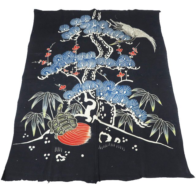 藍染 筒描き 筒書き つつがき 鶴 亀 松竹梅 古裂 時代布 襤褸 古布 アンティーク リメイク A1113-9 [ 藍染 暖簾 のれん ヴィンテージ 時代物 送料無料 きもの北條]