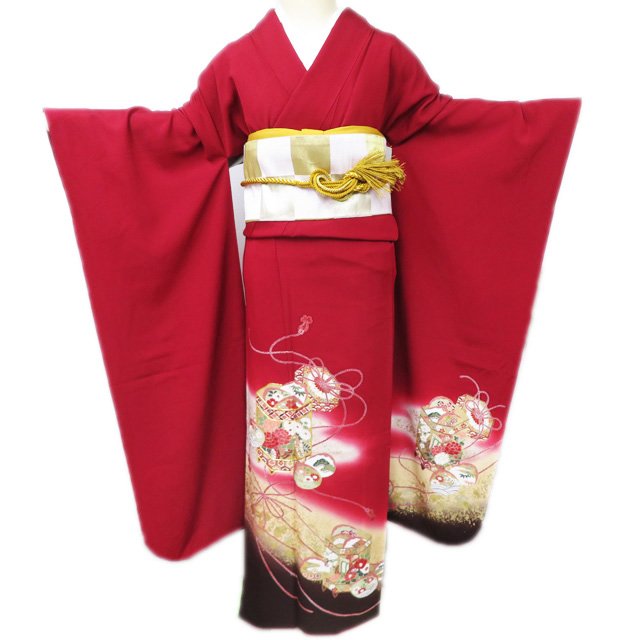 【 中古 】 振袖 リサイクル着物 成人式 結婚式 結納 洒落紋 金駒刺繍 貝桶文 花模様 赤色 多色 金 身丈163cm 裄70cm L A1263-9 [和服 振袖 レンタルアップ アウトレット セール 販売 バーゲン 送料無料 きもの北條]｜特選リサイクル着物　きもの北條