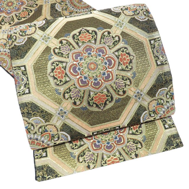【 中古 】 袋帯 リサイクル 正絹 フォーマル 仕立て上がり 六通 1800超極細織 蜀江文 華文 花紋 箔糸 黒色 多色 金 A1287-9 [結婚式 お宮参り 七五三 式典 お茶会 お茶席 茶道 利休忌 送料無料 きもの北條]｜特選リサイクル着物　きもの北條