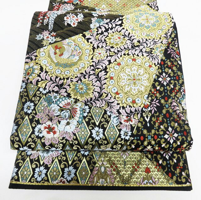 【 中古 】 袋帯 リサイクル 正絹 1800織 六通 花鳥模様 裂取 華文 花紋 箔糸 ラメ フォーマル 黒地に金 T752-9 [結婚式 お宮参り お茶会 お茶席 茶道 七五三 式典 利休忌 送料無料 きもの北條]
