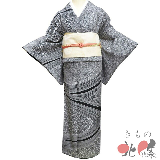 【 中古 】 付下げ 付け下げ 訪問着 リサイクル着物 正絹 袷 セミフォーマル 作家物 落款 流線文 黒色 身丈159.5cm 裄65.5cm M A1334-9 [和服 入学式 卒業式 お茶会 お茶席 茶道 お宮参り 利休忌 送料無料 きもの北條]｜特選リサイクル着物　きもの北條
