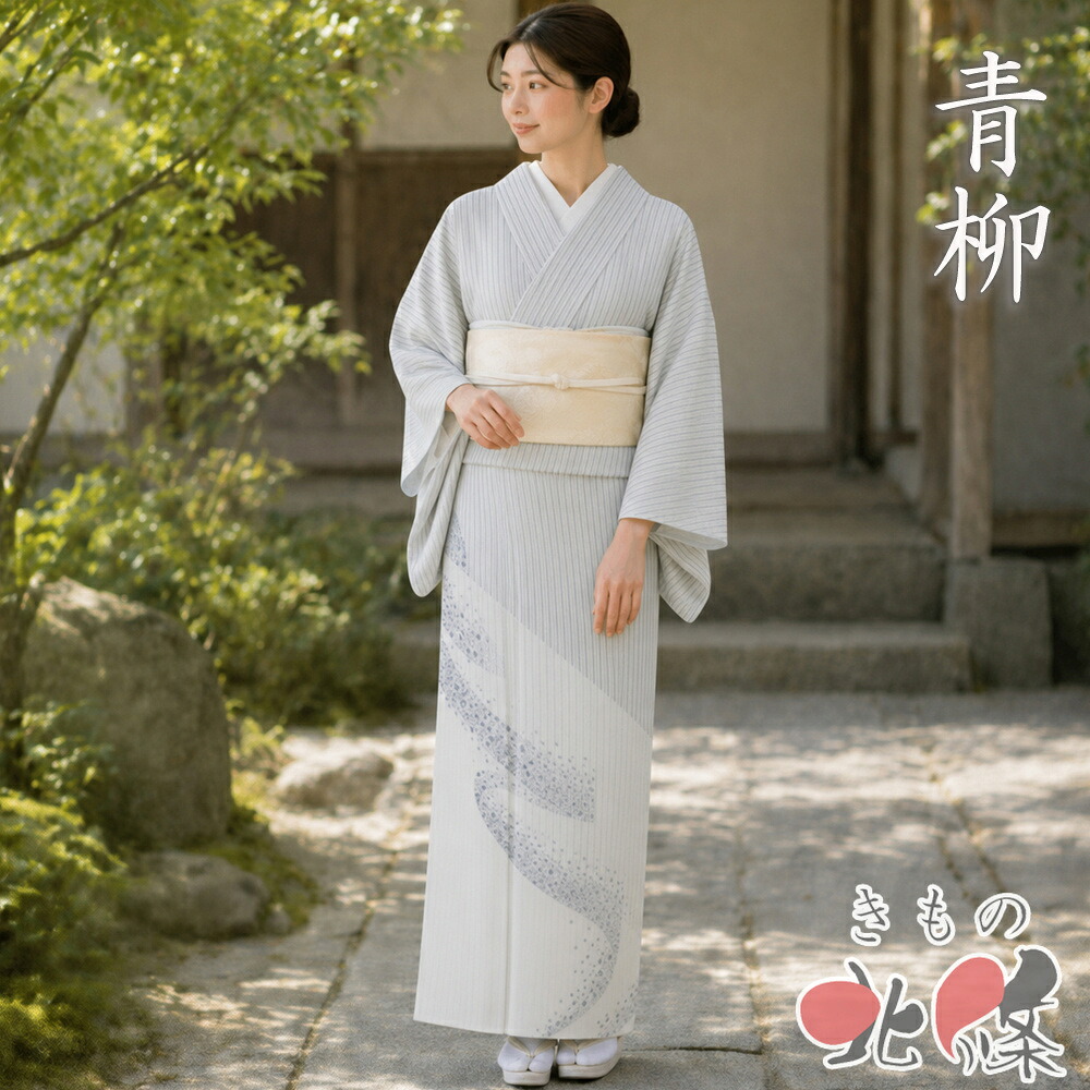 【 中古 】 特選 夏物 夏着物 訪問着 リサイクル着物 正絹 十日町 青柳 反端付き オフホワイト 鼠色 身丈157.5cm 裄66.5cm M A1391-9 [お茶会 お茶席 茶道 観劇 お出かけ 普段着 夏きもの 盛夏 夏用 送料無料 きもの北條]｜特選リサイクル着物　きもの北條