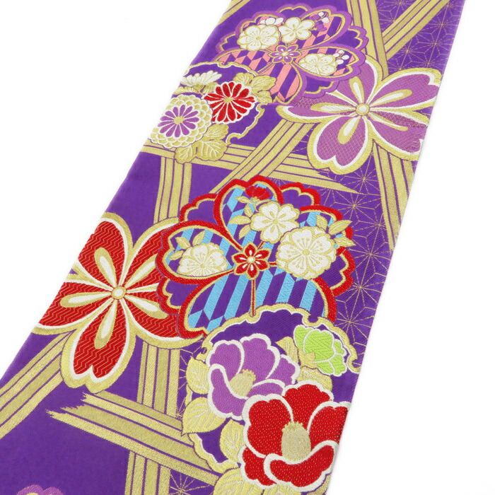 【 中古 】 振袖用 袋帯 花模様 リサイクル 着物 成人式 結婚式 結納 パーティー 振袖 紫色 金 A624-10 [ 振袖用袋帯 正絹 中古 アウトレット 販売 リサイクル帯 バーゲン パーティー 送料無料]