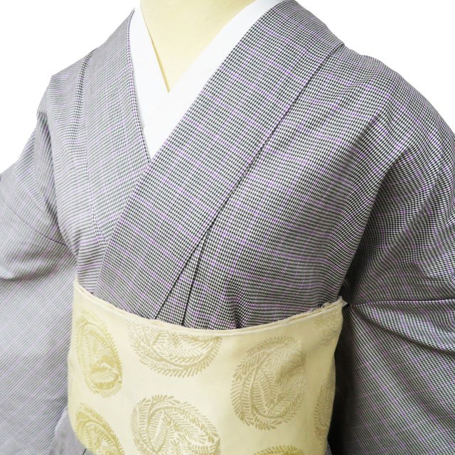 【 新品 】 播包 播州織 着物 木綿 ポリウレタン 単衣 カジュアル 千鳥柄 黒色 紫色 身丈172.5cm 裄69cm L トール A1086-10 [和服 洗える着物 kimono 送料無料 きもの北條]