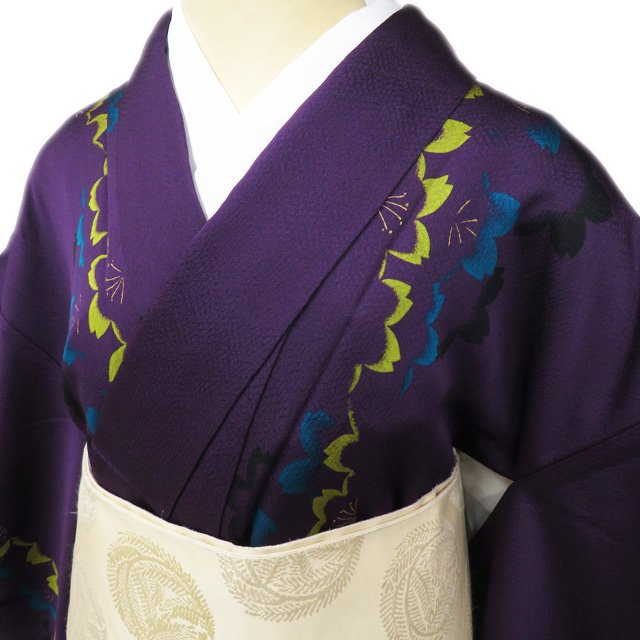 ＼ FINAL PRICE ／ 【 中古 】 小紋 リサイクル着物 正絹 袷 カジュアル 桜模様 葡萄色 多色 身丈156.5cm 裄63cm M A966-10 [ 和服 きもの 普段着 kimono アウトレット 送料無料 きもの北條]｜特選リサイクル着物　きもの北條