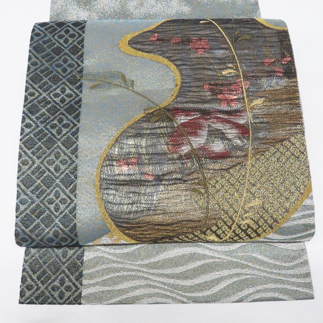 【 中古 】 袋帯 リサイクル 正絹 フォーマル 仕立て上がり 六通 金魚鉢 波文 桜 箔糸 黒色 多色 金銀 A1211-10 [結婚式 お宮参り お茶会 お茶席 茶道 七五三 式典 利休忌 送料無料 きもの北條]