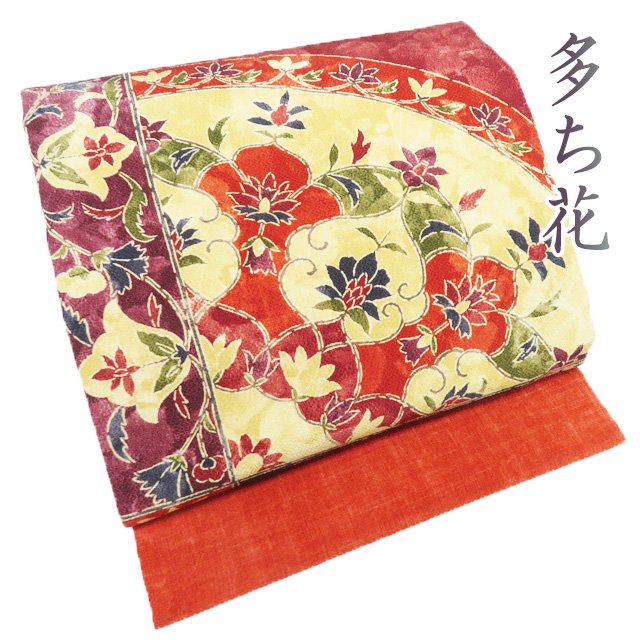 【 中古 】 名古屋帯 なごや帯 リサイクル 正絹 縮緬地 カジュアル 仕立て上がり 全通 多ち花 花模様 紅緋色 多色 A1228-10 [和服 お茶会 お茶席 茶道 kimono アウトレット 送料無料 きもの北條]｜特選リサイクル着物　きもの北條 27,027円