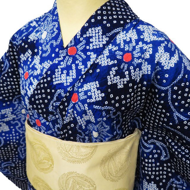【 中古 】 夏物 浴衣 リサイクル着物 木綿 カジュアル 絞り染め 花と雪輪模様 濃紺色 群青色 多色 身丈155.5cm 裄65cm S A1035-11 [ ゆかた 洗える コスプレ 木綿 花火 祭り 夕涼み 送料無料 きもの北條]