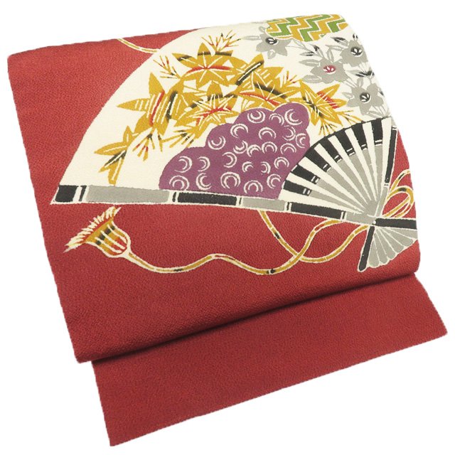 【 中古 】 名古屋帯 なごや帯 リサイクル 正絹 カジュアル 仕立て上がり 縮緬地 扇子に花の図 紅樺色 多色 A1251-11 [観劇 コンサート お茶会 パーティー お食事 洒落帯 kimono 送料無料 きもの北條]｜特選リサイクル着物　きもの北條