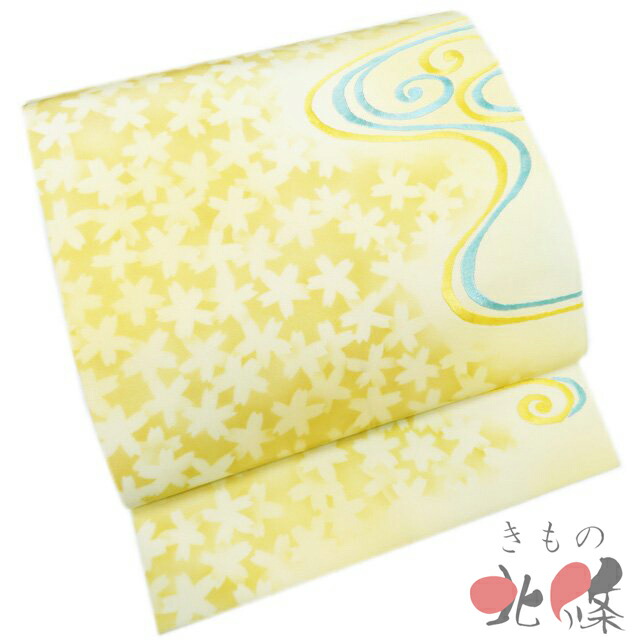 【 中古 】 名古屋帯 なごや帯 リサイクル 正絹 カジュアル 仕立て上がり 塩瀬 刺繍 流水文 花模様 黄色 A1314-11 [観劇 コンサート お茶会 パーティー お食事 洒落帯 kimono 送料無料 きもの北條]｜特選リサイクル着物　きもの北條