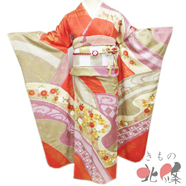 【 中古 】 振袖 リサイクル着物 成人式 金駒刺繍 菊の図 絞り染め 地模様 朱色 榛色 浅蘇芳色 金 身丈167.5cm 裄68cm L トール A1318-11 [和服 振袖 レンタルアップ アウトレット セール 販売 バーゲン 送料無料 きもの北條]｜特選リサイクル着物　きもの北條