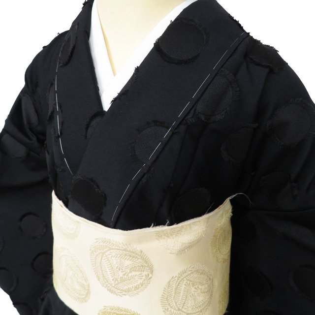 【 新品 】 播包 播州織 着物 木綿 ポリエステル 単衣 カジュアル 水玉模様 黒色 身丈168cm 裄68cm L トール A1086-12 [和服 洗える着物 kimono 送料無料 きもの北條]