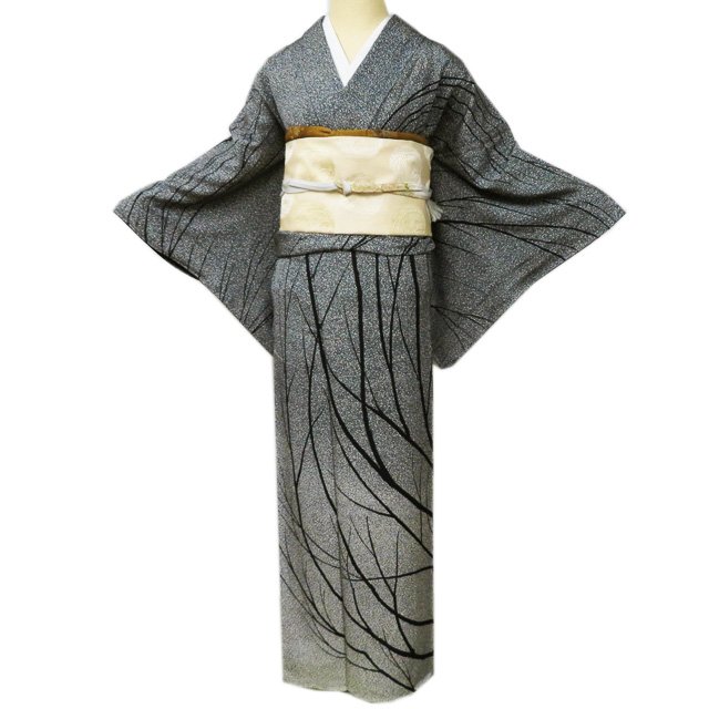 【 中古 】 訪問着 リサイクル着物 正絹 袷 作家物 落款 樹木の図 黒色 身丈162cm 裄66.5cm M A1087-12 [和服 入学式 卒業式 お茶会 お茶席 茶道 結婚式 お宮参り 送料無料 きもの北條]｜特選リサイクル着物　きもの北條