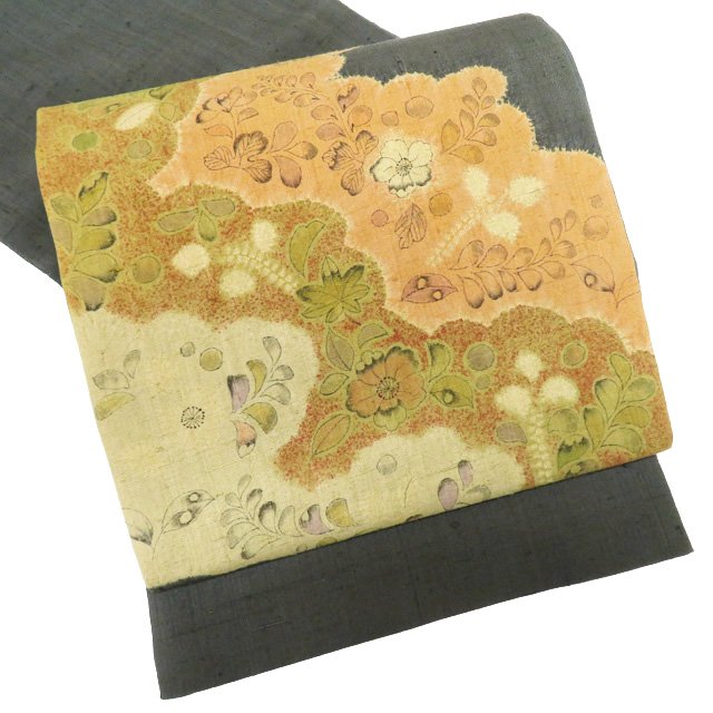 【 未使用 】 袋帯 正絹 紬 カジュアル 仕立て上がり お太鼓柄 花の図 辻が花模様 墨色 茶系色 A975-12 [ 和服 紬 着物 帯 しゃれ帯 kimono 送料無料 きもの北條]