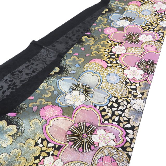 【 中古 】 袋帯 振袖用 リサイクル 正絹 フォーマル 仕立て上がり 六通 花模様 桜 箔糸 黒色 多色 金 A1184-12 [和服 アウトレット 振袖 袋帯 kimono 販売 セール バーゲン 送料無料 きもの北條]｜特選リサイクル着物　きもの北條