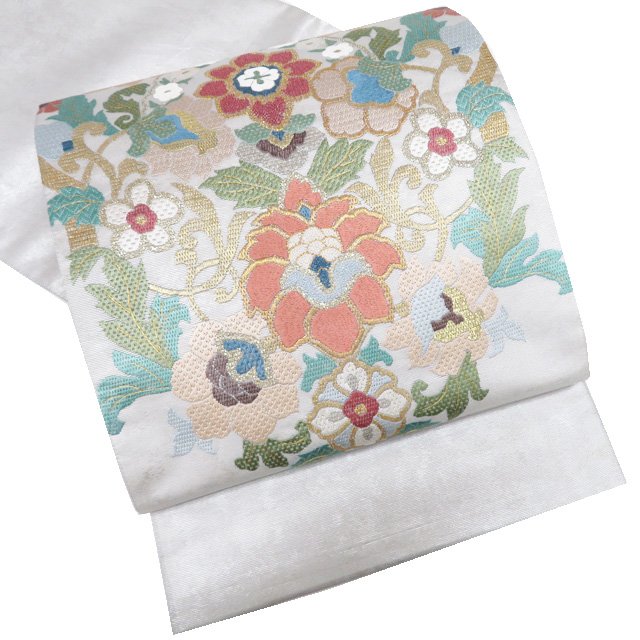 【 中古 】 袋帯 リサイクル 正絹 フォーマル 仕立て上がり お太鼓柄 絽刺し 相良刺繍 花の図 箔糸 白鼠色 多色 金銀 A1197-12 [和服 お茶会 お茶席 茶道 夏帯 アウトレット 着物 kimono 送料無料 きもの北條]
