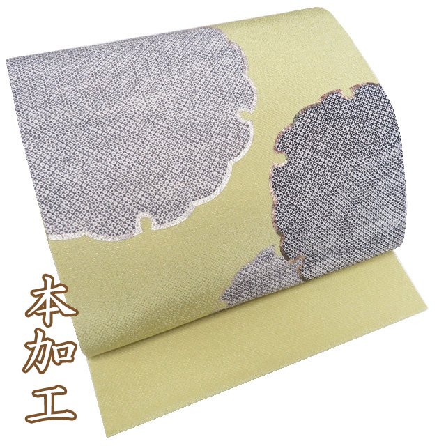 【 中古 】 特選 名古屋帯 なごや帯 リサイクル 正絹 縮緬地 カジュアル 本加工 雪輪に鹿の子模様 若菜色 多色 金 A1276-12 [観劇 コンサート お茶会 パーティー お食事 洒落帯 kimono 送料無料 きもの北條]｜特選リサイクル着物　きもの北條