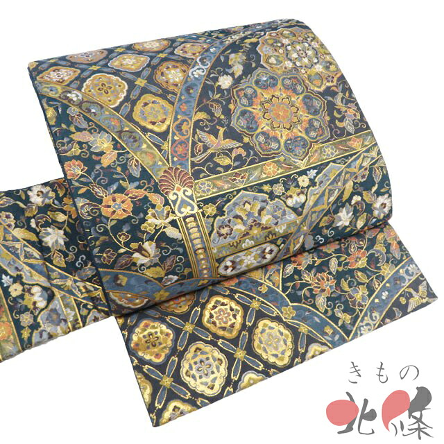 【 中古 】 作り帯 つけ帯 リサイクル 正絹 セミフォーマル 仕立て上がり 花紋 華文 花鳥 箔糸 紺色 多色 金 A1345-12 [結婚式 お宮参り 七五三 式典 お茶会 お茶席 茶道 利休忌 送料無料 きもの北條]｜特選リサイクル着物　きもの北條