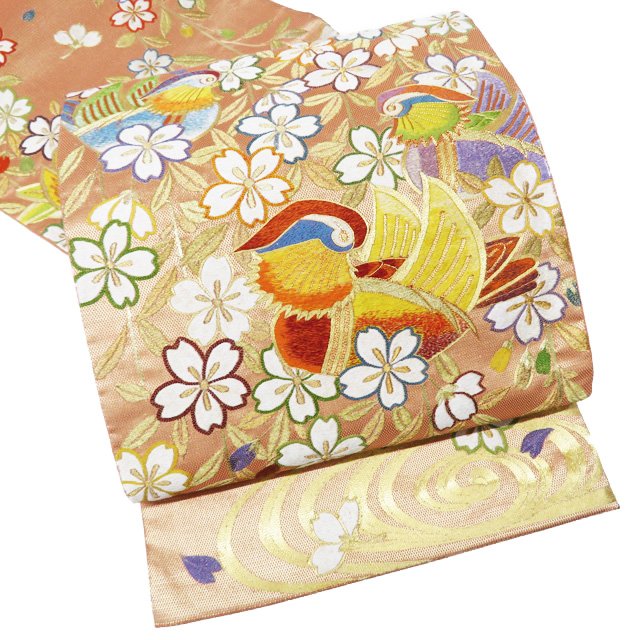 【 中古 】 袋帯 リサイクル 正絹 フォーマル 仕立て上がり 六通 金駒刺繍 桜と鴛鴦の図 流水 箔糸 赤香色 多色 金 A1112-13 [結婚式 お宮参り お茶会 お茶席 茶道 七五三 式典 kimono 送料無料 きもの北條]