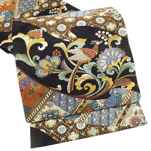 【 中古 】 袋帯 リサイクル 正絹 フォーマル 仕立て上がり 六通 花鳥文様 黒色 多色 金 A973-13 [ 和服 お茶会 お茶席 茶道 着物 帯 kimono 通販 購入 送料無料 きもの北條]