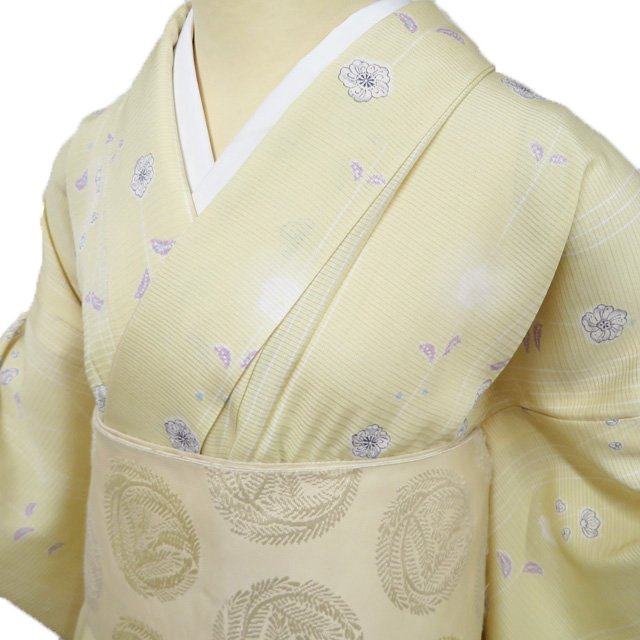 【 中古 】 夏物 小紋 リサイクル着物 正絹 絽 カジュアル 辻が花模様 淡黄色 多色 身丈162cm 裄63cm M A1170-13 [和服 夏 きもの 普段着 kimono アウトレット 送料無料 きもの北條]｜特選リサイクル着物　きもの北條