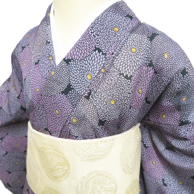 明るくかわいい小千谷縮着物・麻地・着丈146cm ✳︎ 格子柄の小千谷縮 首里花織の半幅帯 カエルのシルバー帯留